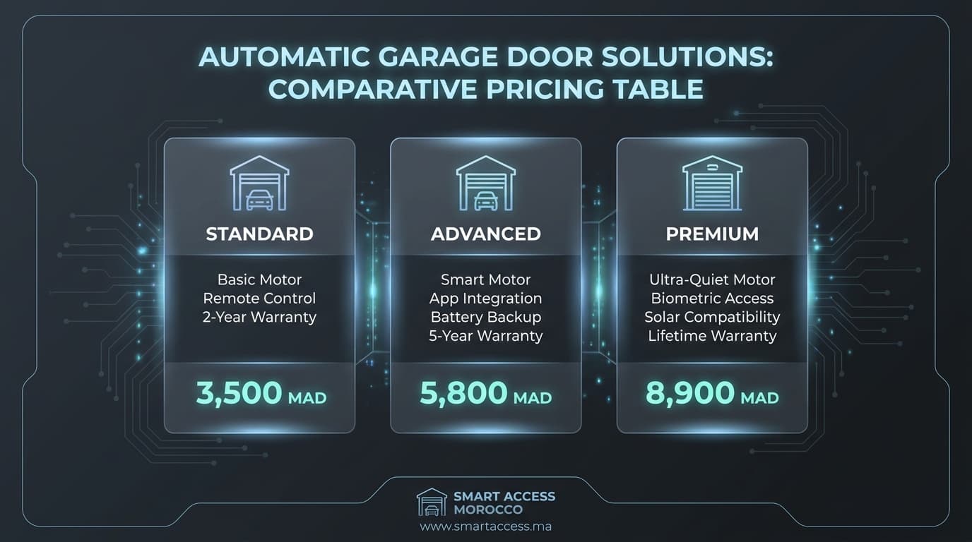 Tableau comparatif pour estimer une porte garage automatique prix maroc en dirhams.